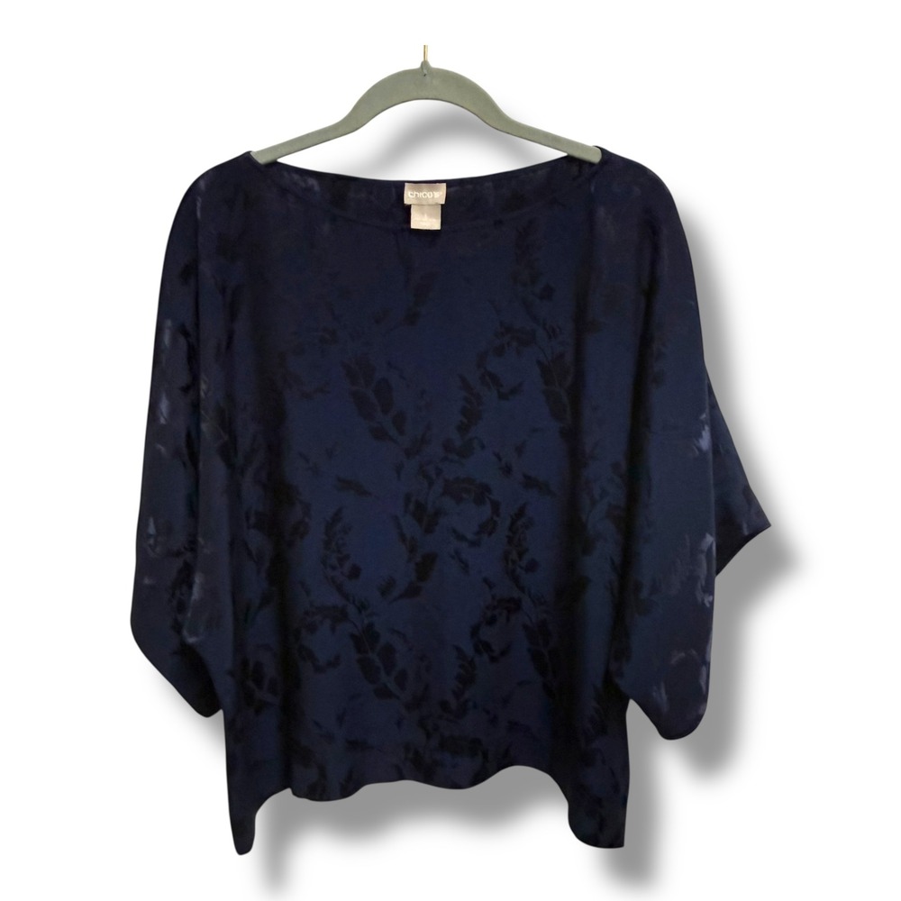 Chicos Navy Blue Tonal Jacquard Floral Boat Neck Dolman Sleeve Blouse 3 XL 16